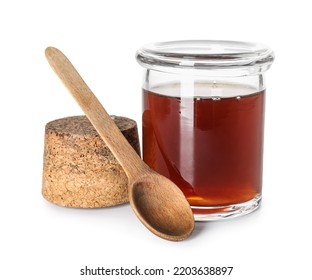 Jar And Wooden Spoon With Tasty Maple Syrup On White Background