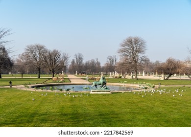 Jardin Des Tuileries In Paris: View Of A Small Pond In The Empty Garden In Winter