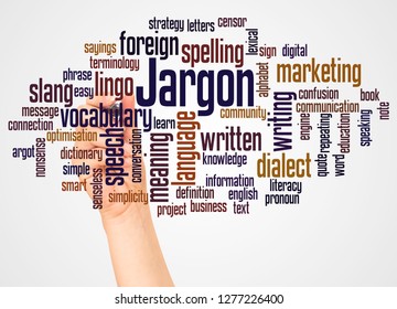 Jargon word cloud and hand with marker concept on white background.  