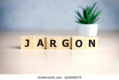 Jargon - word from wooden blocks with letters, special words and phrases jargon concept, top view on blue background