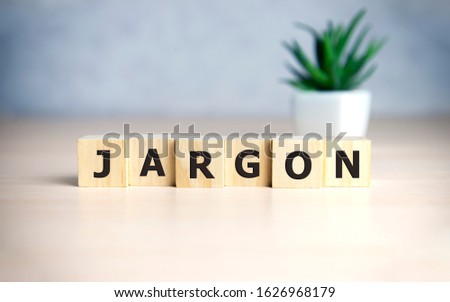 Jargon - word from wooden blocks with letters, special words and phrases jargon concept, top view on blue background