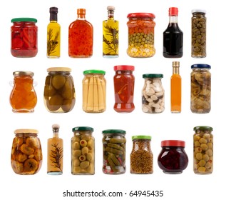 Jars and bottles with pickles, sauces and olive oil isolated on white background  - Powered by Shutterstock