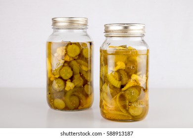 Jars Of Homemade Bread And Butter Pickles Isolated On White Background.