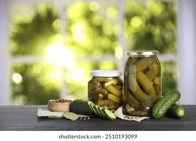 Jars with pickled cucumbers on table indoors, space for text