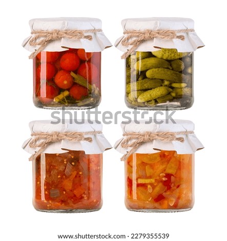 jars of pickled vegetables. Marinated food.Isolated on white background
