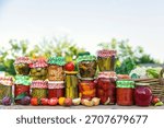 Jars with preserved vegetables for the winter. Selective focus. Food.