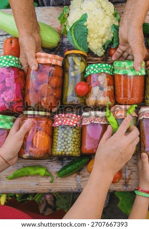 Jars with preserved vegetables for the winter. Selective focus. Food.
