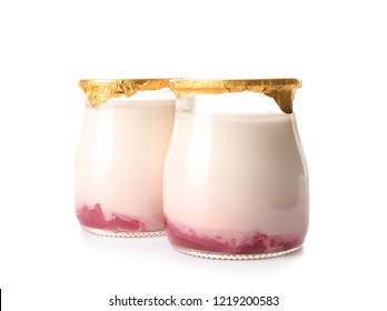 Jars With Yogurt On White Background