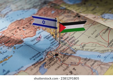 Jarusalem, Israel - 2023 October 14: Israel an Palestine flags on geopolitical Map. Gaza strip and West Bank. War conflict