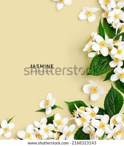 Jasmine flower with leaves creative frame and border. White flowers in summer garden composition on yellow background. Flat lay, top view. Design element. Greeting card
