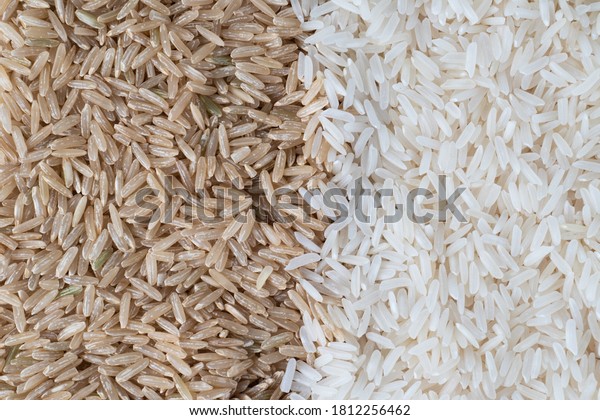Jasmine rice and\
brown rice are divided in\
half.