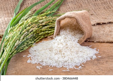 Jasmine rice in sack - Shutterstock ID 380466448