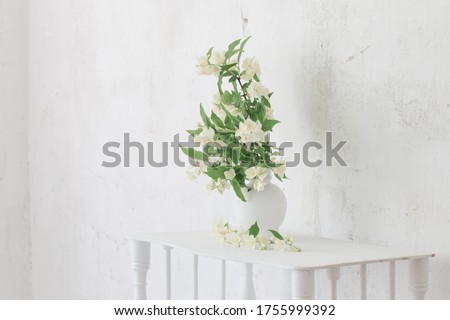 jasmineflowers in vase on background old wall