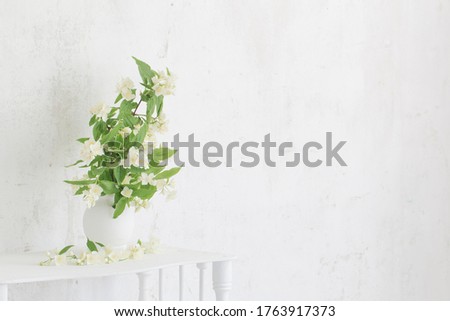 jasmineflowers in vase on background old wall