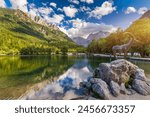 Jasna lake with beautiful mountains. Nature scenery in Triglav national park. Location: Triglav national park. Kranjska Gora, Slovenia, Europe. Mountain lake Jasna in Krajsnka Gora, Slovenia. 