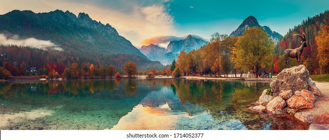 Jasna lake with beautiful reflections of the mountains. Triglav National Park, Slovenia