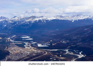 JASPER, ALBERTA/ CANADA - April 1, 2019 : Looking over the town of Jasper on the Jasper Sky Tram. Heading up to Whistlers Mountain. 