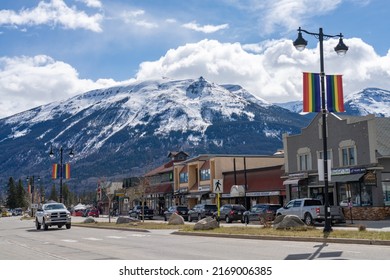 Jasper, Alberta, Canada - May 1 2021 : Street View Of Town Jasper. Connaught Drive.