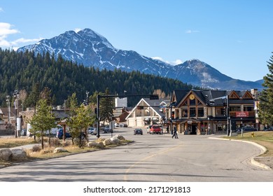 Jasper, Alberta, Canada - May 4 2021 : Street View Of Town Jasper. Hazel Avenue Connaught Drive Crossroad.