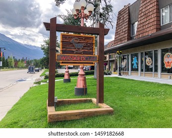 Jasper, Canada - July 14, 2019: The Front Lawn Sign Of A Wicked Cup Cafe