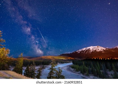 Jasper National Park Dark Sky. Canadian Rockies Summer Night. Stunning Natural Scenery Background.