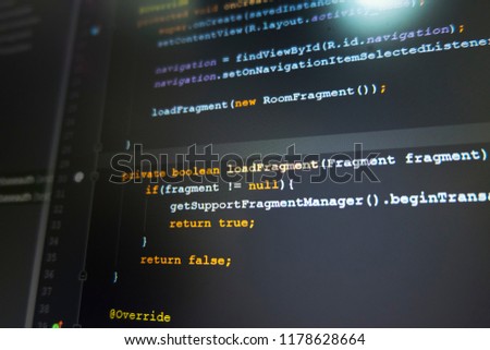Java coding development, check fragment activity not equal null function with return, close up style,  coding on black screen background.