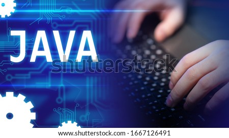 Java. Hands of the programmer. Using Java technology create a site. Programming with javascript. Creation of software. Java logo on computer background. Circuit board conductors on a blue background