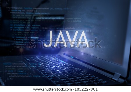 Java inscription against laptop and code background. Learn java programming language, computer courses, training. 