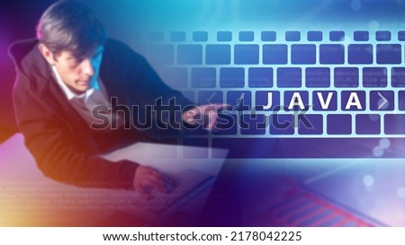 Java logo next to programmer. Software developer points to letters Java. Javascript programming language. Software and Application Development with Java. Man programmer sitting at table