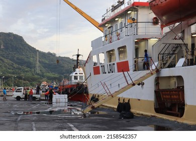 Java, May 2022. Activities at the port of Tanjung Fragrant in the morning. The "TOL Laut" ship is waiting for passengers for backflow activities for Lebaran and for residents who will go on vacation 