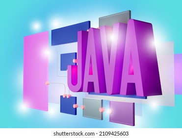 Java programming language. Programming with javascript. Creation of software. Using Java technology create a site. Java logo on blue background. Programming language. Programming courses. 3d image