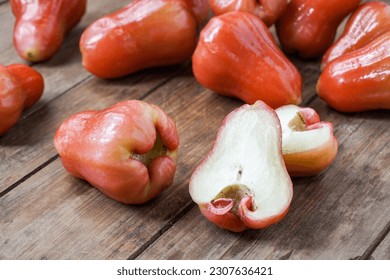 Java Rose Apples or Water Guava. Malaysian people called Jambu Air on wooden table.