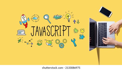 Java Script Theme With Person Working With A Laptop