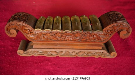 Javanese gamelan made of bronze and wood. Traditional musical instruments from Indonesia. Focus selected