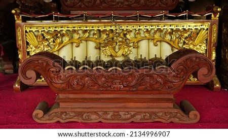 Javanese gamelan made of bronze and wood. Traditional musical instruments from Indonesia. Focus selected