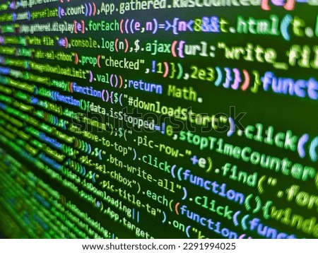 Javascript abstract computer script, random. Web development work concept. Modern application Program. Coworkers team in modern office. Software background technology