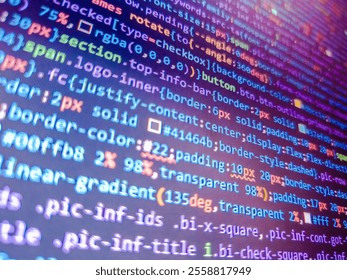 Javascript code. Python code computer screen. Blue unique background. Stock market graph and ticker with blue screen for stock exchange analysis. Abstract screen of web developer. Blue color.