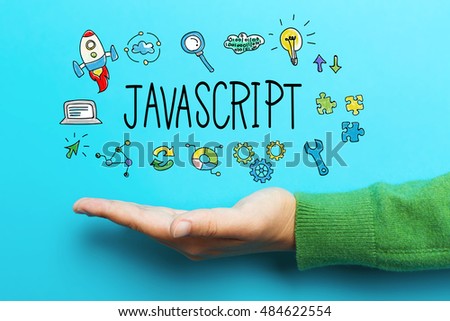 JavaScript concept with hand on blue background