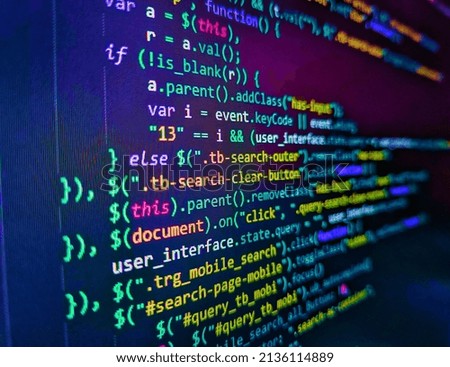 Javascript functions, variables, objects. Close up of random computer code comprised of numbers and letters. Binary code digital technology background. Web developer HTML code with CSS on screen
