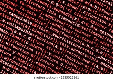 Javascript functions, variables, objects. Monitor closeup of function source code. IT specialist workplace. Big data and Internet of things trend. HTML website structure. Website programming code