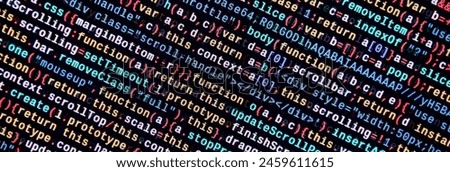 Javascript functions, variables, objects. Monitor closeup of function source code. IT specialist workplace. Big data and Internet of things trend. HTML website structure. Website programming code
