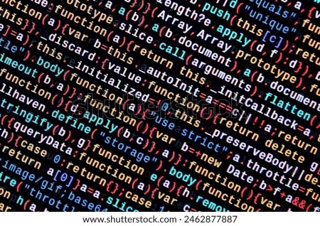 Javascript functions, variables, objects. Monitor closeup of function source code. IT specialist workplace. Big data and Internet of things trend. HTML website structure. Website programming code