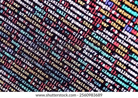 Javascript functions, variables, objects. Monitor closeup of function source code. IT specialist workplace. Big data and Internet of things trend. HTML website structure. Website programming code