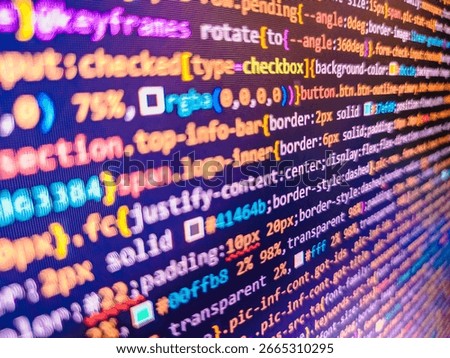 Javascript functions, variables, objects. Webdesigner Workstation. Screens concept design. Hi-tech modern screen of data, digits and chars on monitor display. Website programming code