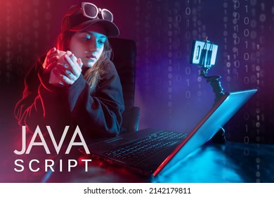 Javascript Programming. Female Programmer Next To The Computer. Javascript Logo In The Foreground. Writing Code In Javascript. Java Programming Language Courses. Software Developer.