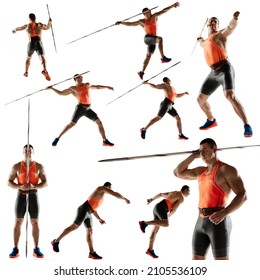 Javelin-throwing. Set of images of professional male with javelin in motion, action isolated on white studio background. Development of movements. Challenges, motion, action, sport concept. Poster - Powered by Shutterstock