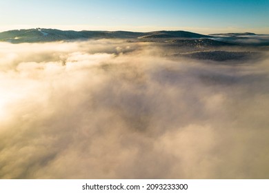 Jaworzyna Mountain Peak Above Clouds. Aerial Drone View.