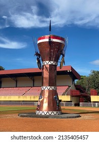 Jayapura, Indonesia March 14, 2022;  Papuan traditional tool, a large tifa on the edge of the Jayapura City football field, Papua