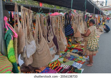 Jayapura, Papua, Indonesia: 8 October 2021 : Noken sales place in Taman imbi, Jayapura City. Noken is a traditional bag from Papua.