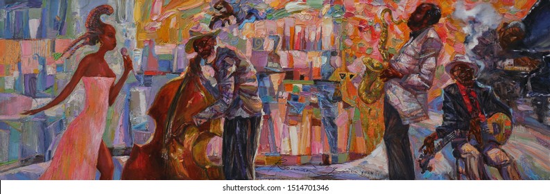 jazz band, oil painting, artist Roman Nogin, series "Sounds of Jazz."  looking for partnerships with artdillers- contact facebook